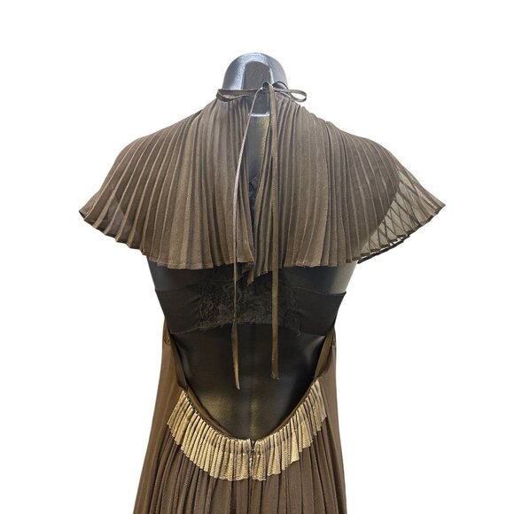 BCBG Maxazria Runway Vintage-Inspired Brown Pleated Maxi Dress w/Intricate Cutou - Picture 6 of 6